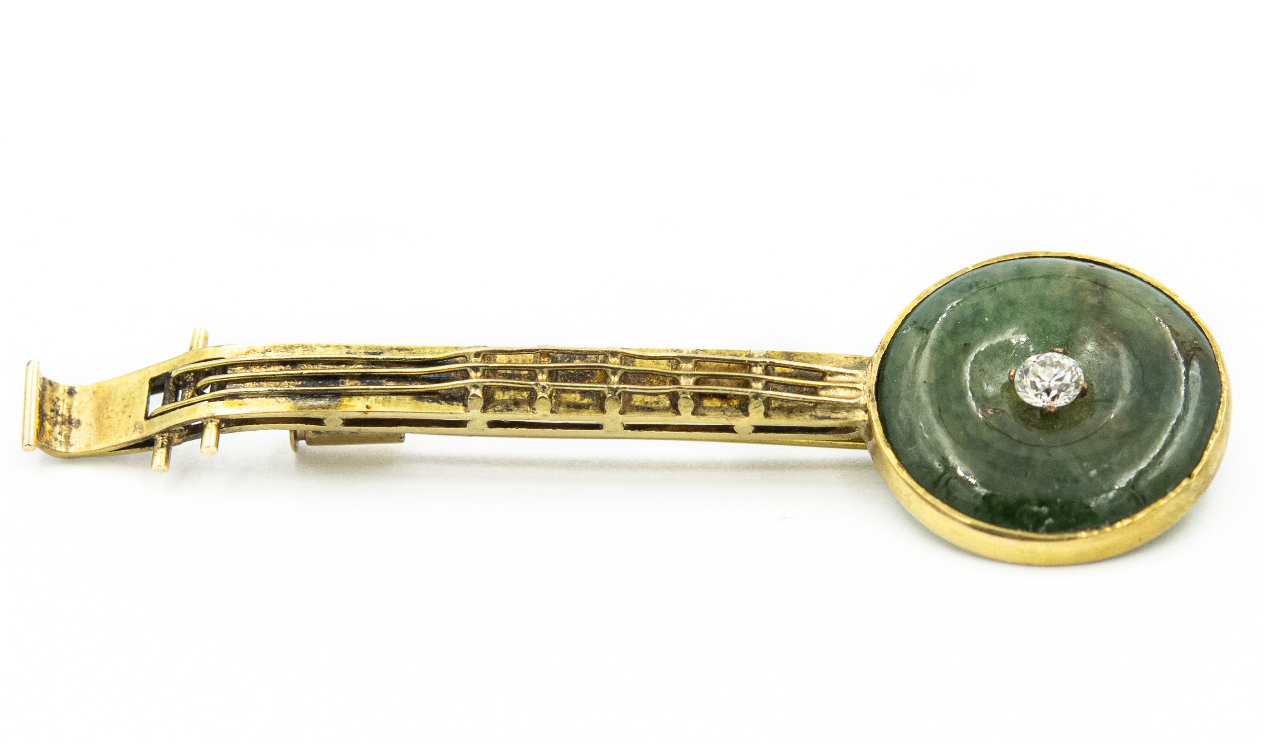 Estate Diamond and Jade Asian Banjo Brooch