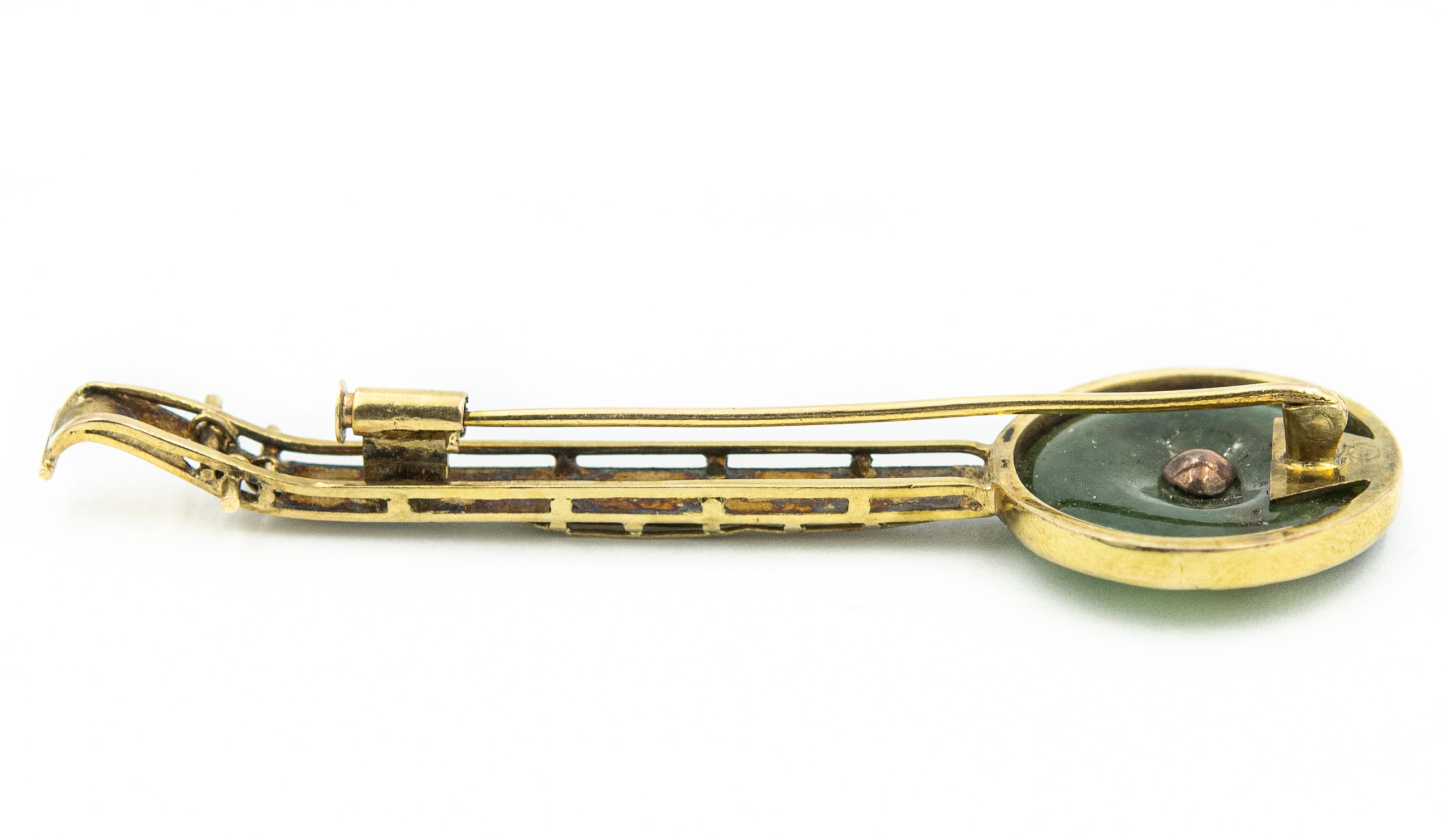 Estate Diamond and Jade Asian Banjo Brooch