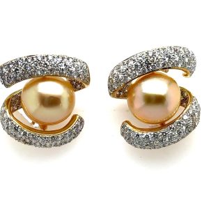 Estate Yellow Gold South Sea Gold Pearl and Diamond Earrings