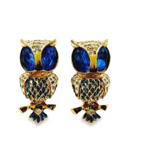 Vintage Coro Craft Duette Sterling Silver Blue Owl Fur Clips Brooches Designed By Adolph Katz