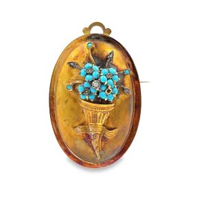Estate Etruscan Diamond and Turquoise Floral Brooch