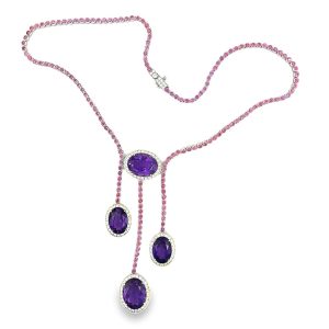 Estate White Gold Diamond Amethyst and Fancy Color Pink Sapphire Necklace
