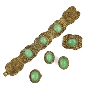 Estate Antique Chinese Import Silver and Jade Bracelet Earrings Brooch and Ring Suite