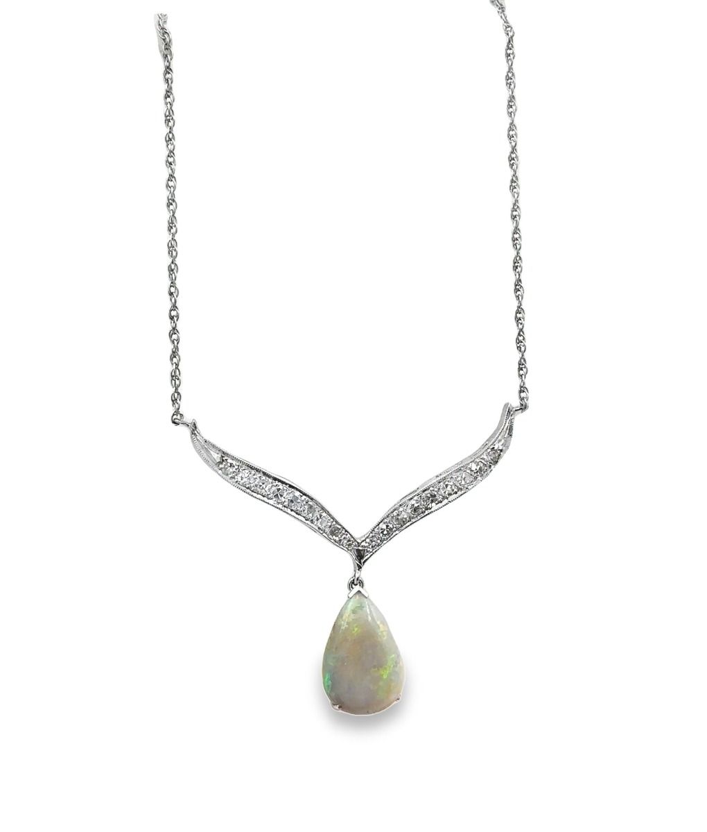 Estate White Gold Diamond and Opal Necklace