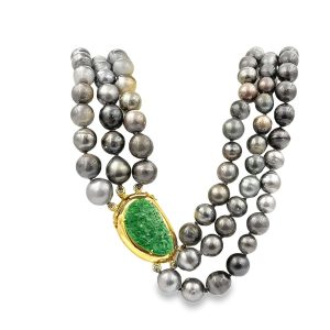 Estate Vintage Black Tahitian Cultured Pearl and Jade Graduating Triple Strand Necklace