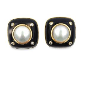 Estate Yellow Gold Diamond Pearl and Onyx Earrings by Trianon