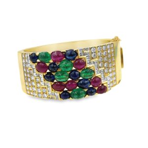Estate Yellow Gold and Diamond Gemstone Cuff Bracelet