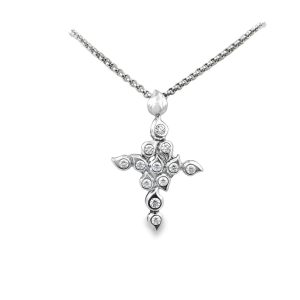 Estate Designer White Gold and Diamond Paisley Cross Pendant with Chain Signed TC