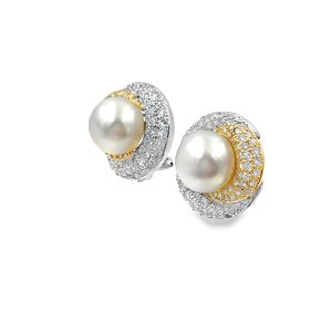 Estate Gold Diamond and South Sea Pearl Earrings
