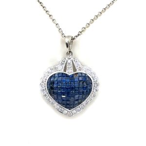 Estate White Gold Invisibly Set Sapphire and Diamond Heart Pendant Necklace