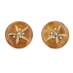 Estate Yellow Gold Nephrite Jade and Diamond Studded Flower Disk Earrings