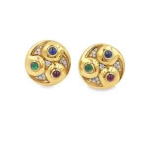 Estate Yellow Gold Diamond and Multi Colored Gemstone Circular Earrings