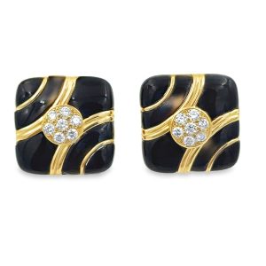 Estate Yellow Gold Diamond and Onyx Earrings