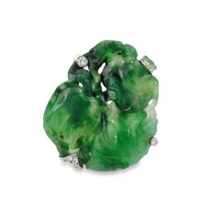 Estate Vintage Natural Carved Type A Jadeite Jade Diamond Brooch/Pendant With Mason Kay Report