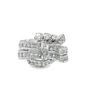 Estate Retro White Gold and Diamond Stylized Buckle Ring