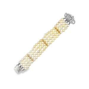 Estate Vintage Cultured Pearl and Diamond Four Strand Bracelet
