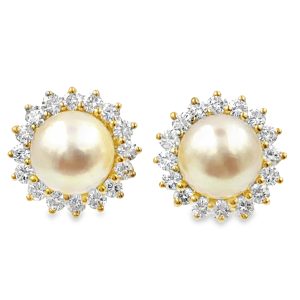 Estate Yellow Gold Cultured Pearl and Diamond Earrings