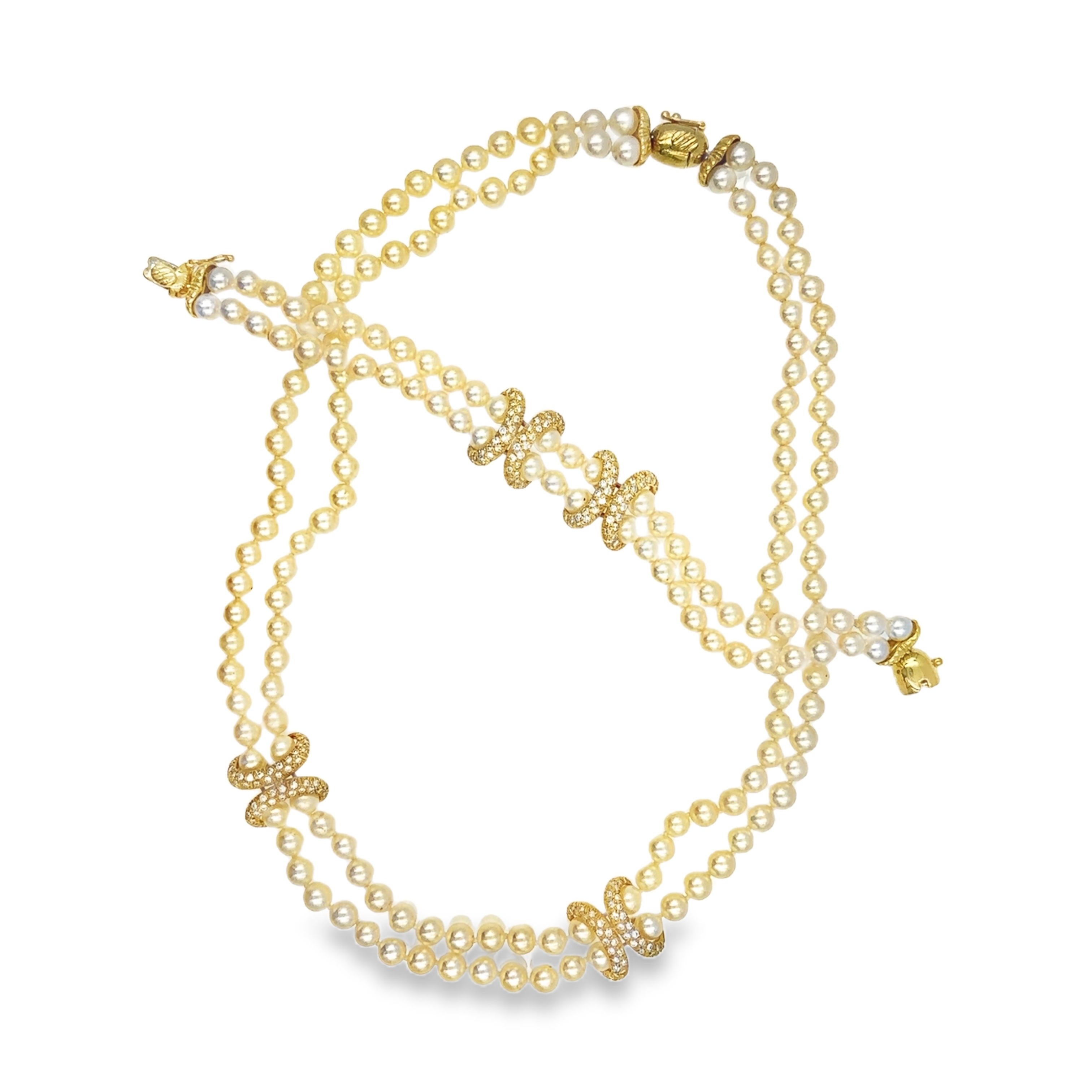 Estate Yellow Gold Diamond and Cultured Pearl Double Strand Necklace and Bracelet Suite