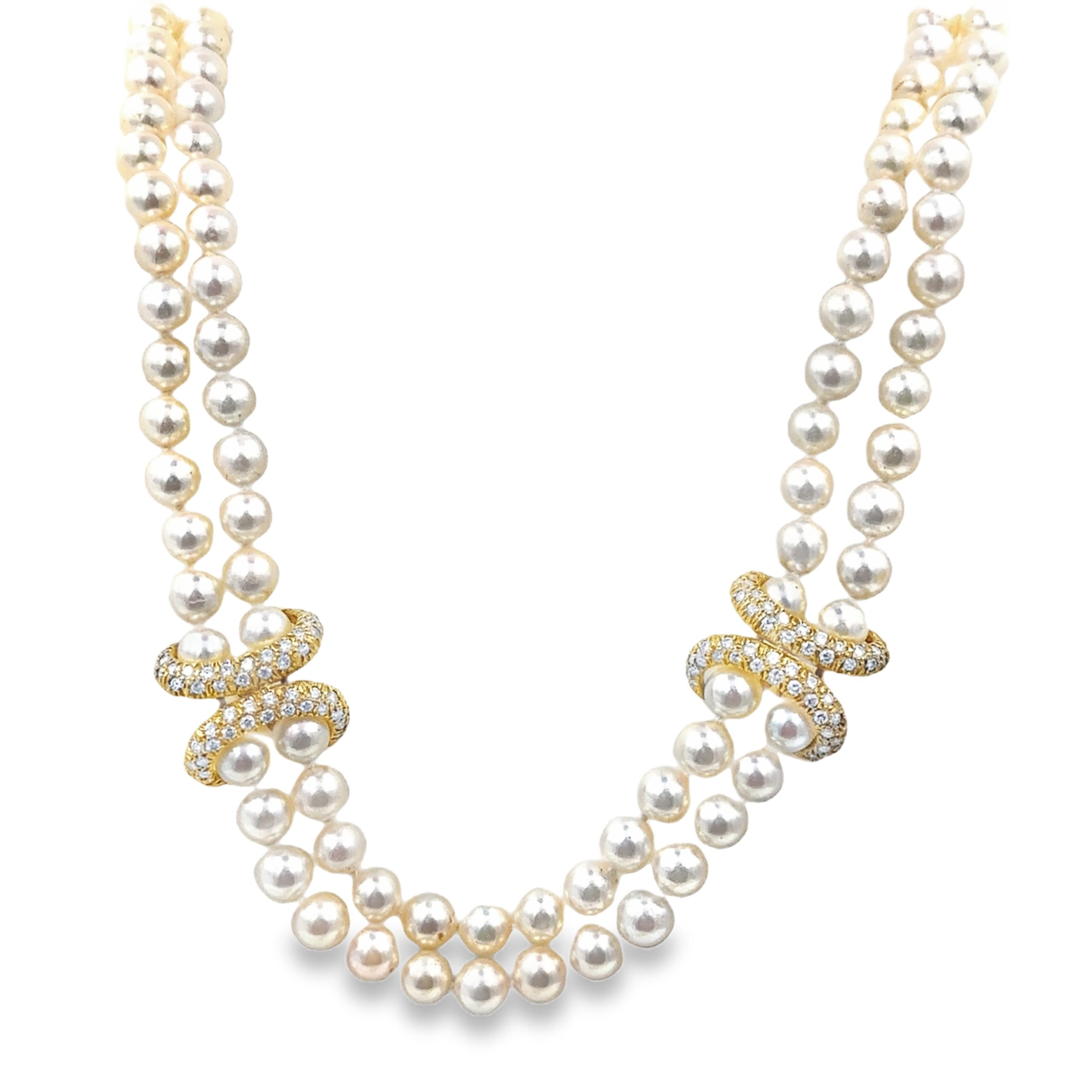 Estate Yellow Gold Diamond and Cultured Pearl Double Strand Necklace and Bracelet Suite