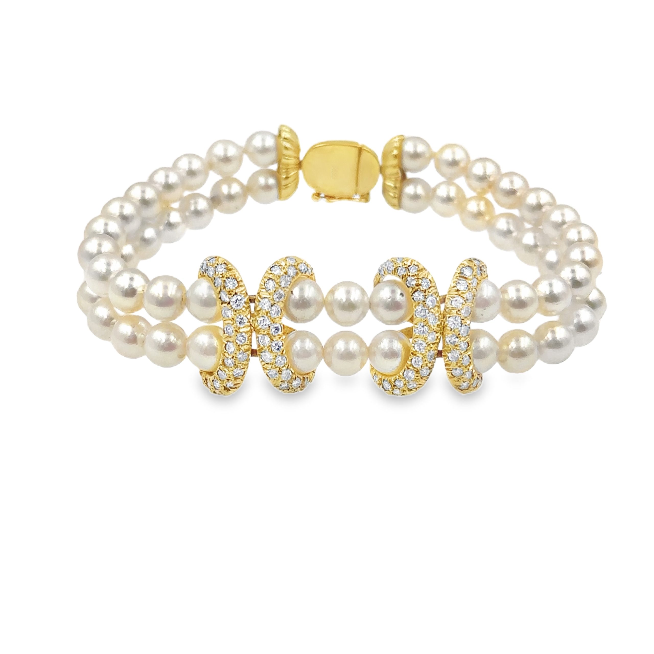 Estate Yellow Gold Diamond and Cultured Pearl Double Strand Necklace and Bracelet Suite