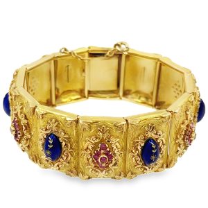 Estate Vintage Renaissance Revival Sectional Gold Ruby and Enamel Bracelet by Vendorafa Lombardi