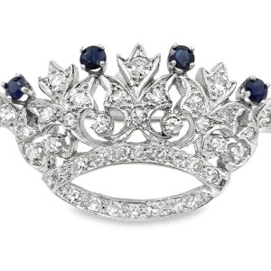 Estate Vintage White Gold Diamond and Sapphire Crown Brooch