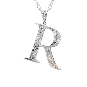 Estate White Gold and Diamond Initial "R" Pendant Necklace