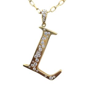 Estate Designer Yellow Gold and Diamond "L" Pendant Necklace