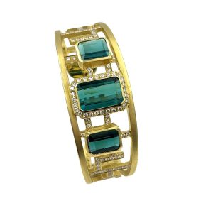 Estate Designer Gold Indicolite Tourmaline and Diamond Bangle Bracelet by Jared Lehr