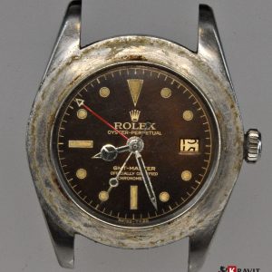 MK Personal Collection Tropical Dial Bakelite Bezel Rolex GMT Master Wristwatch Ref 6542 No Crown Guard Circa 1957