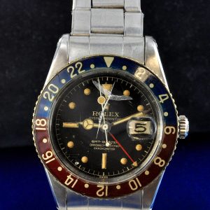 MK Personal Collection Super Rare Tropical Dial Rolex GMT Master Wristwatch Ref 6542 No Crown Guard Circa 1957