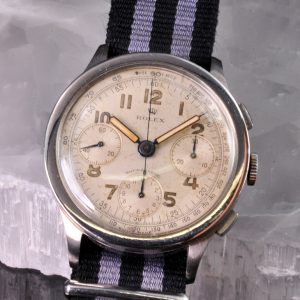 MK Personal Collection Super Rare Jumbo Steel Rolex Anti-Magnetic Flat Button Chronograph Wristwatch Ref 3330 Circa 1940's