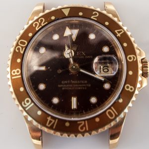 MK Personal Collection Rare Men's 18K Rolex GMT Master Wristwatch Ref 16758 with Box and Papers, Circa 1987