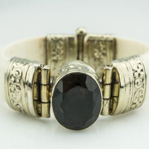 Bedouin White Bangle Bracelet with Brown Stone Center