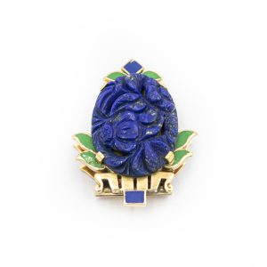 Estate Art Deco Yellow Gold Lapis Lazuli, Green and Blue Enamel Russian Clip