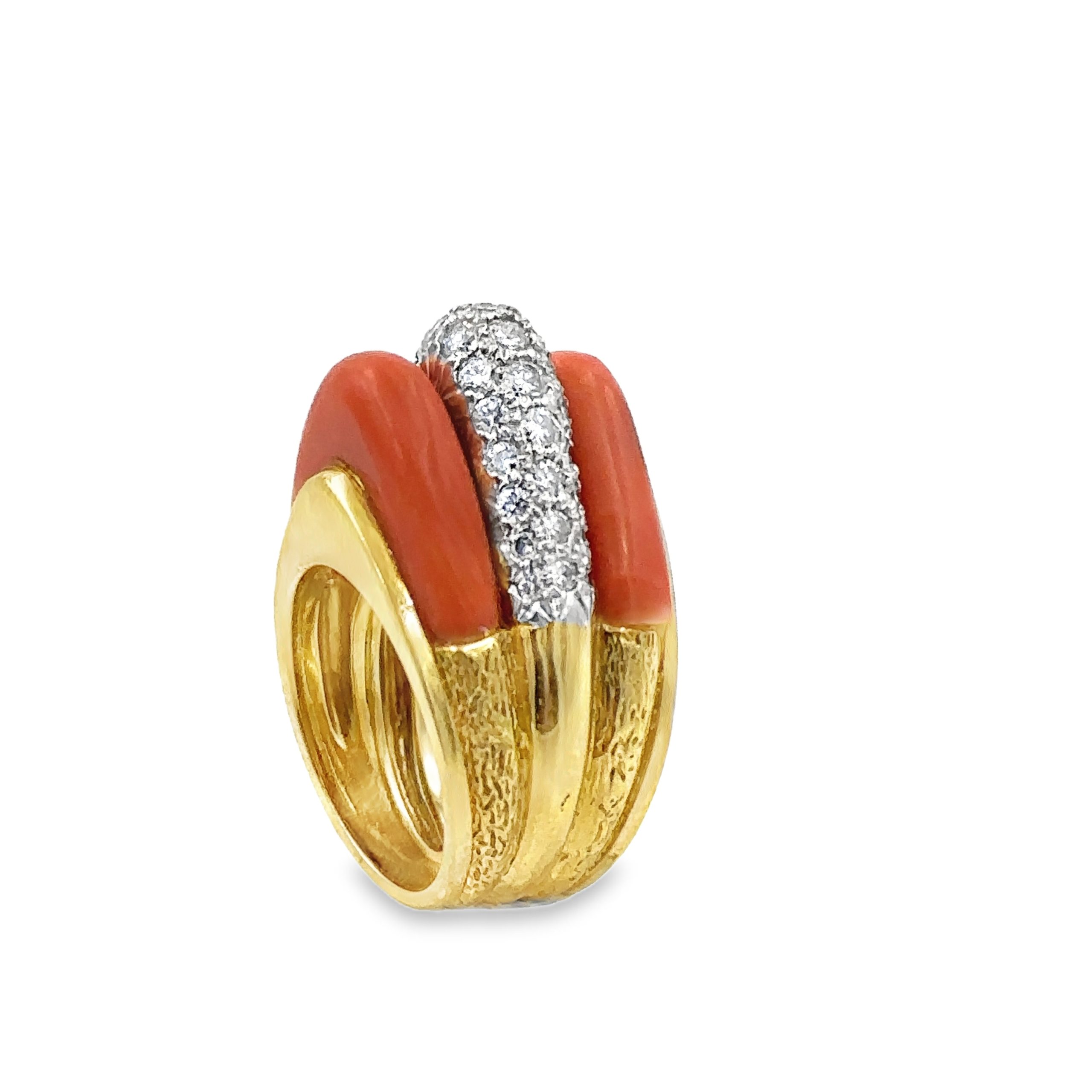1970's 18K Yellow Gold Coral And Diamond Ring