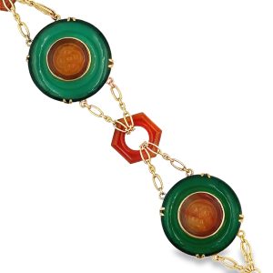 Vintage Yellow Gold Green Chalcedony and Carnelian Bracelet
